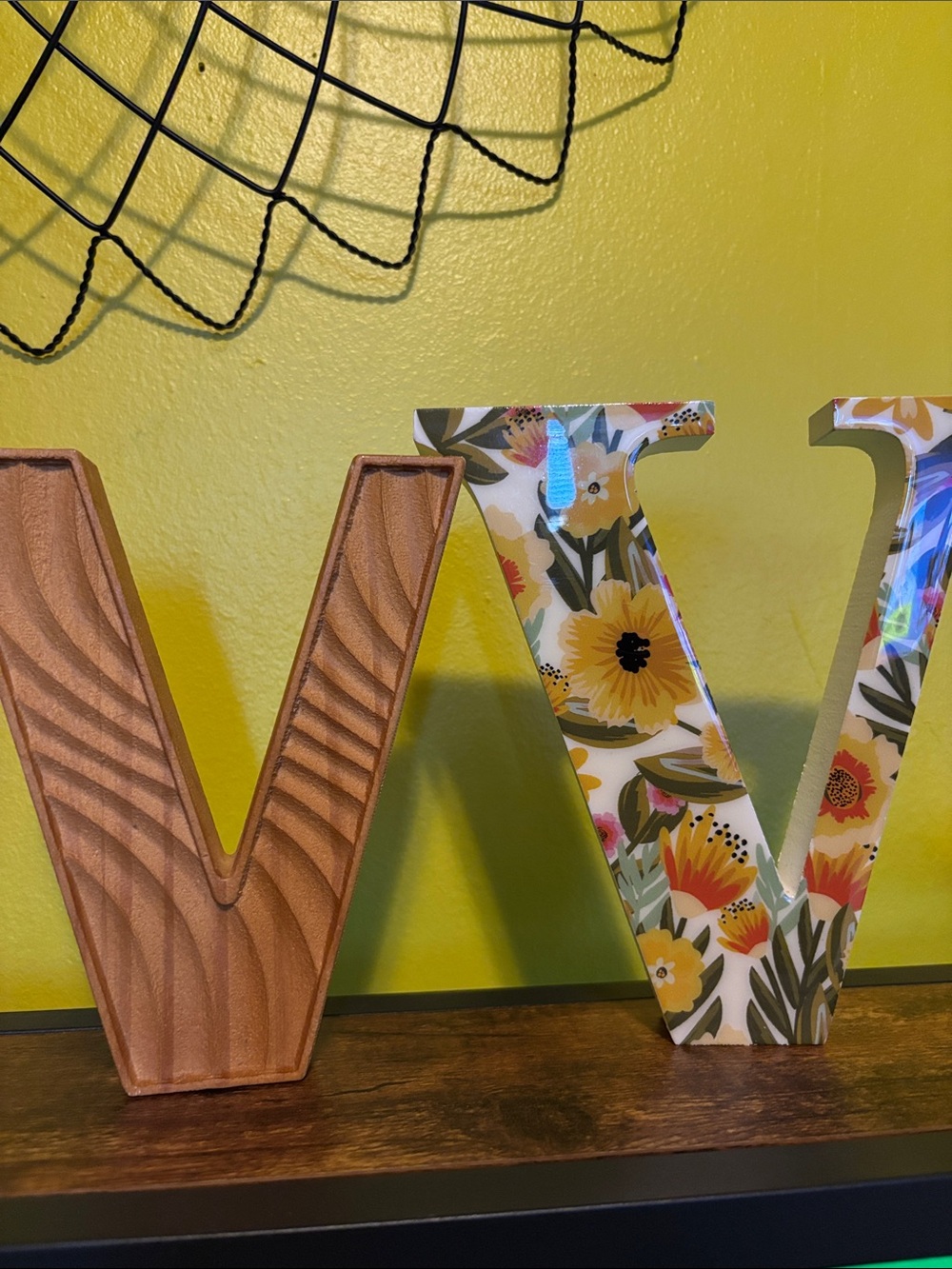 Ashland Floral and Wood Letter V in Yellow and Brown